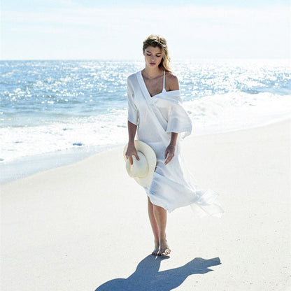 Women's airy beach cover-up with elegant V-neck and flowing coat style Ivyshape