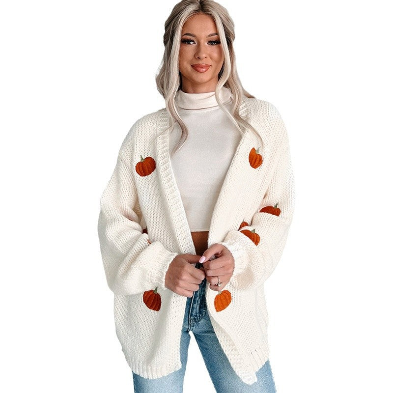 Women's cardigan with colorful pumpkin design and casual fit Ivyshape