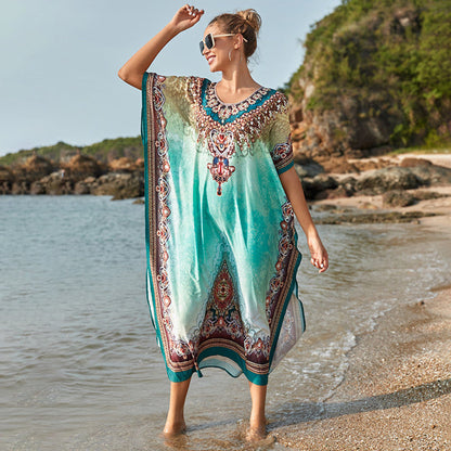 Ladies transparent beach tunic with artistic pattern and elegant details Ivyshape