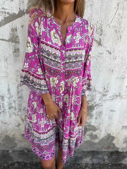Ladies Floral Print Button Closure Mini Dress Ivyshape
