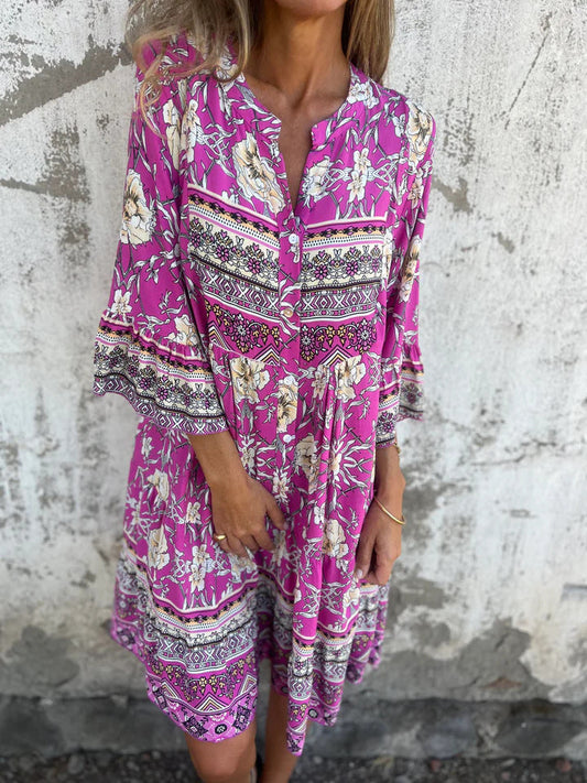 Ladies Floral Print Button Closure Mini Dress Ivyshape