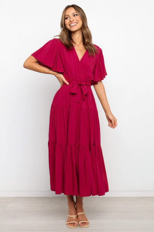Women's Wrap Maxi Dress with Voluminous Sleeves and Ruffle Details Ivyshape
