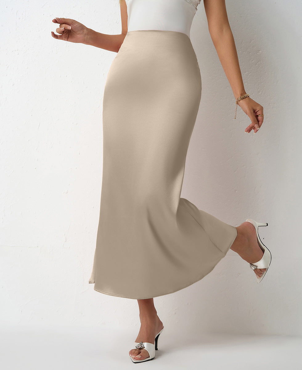 Ladies satin maxi skirt with elegant silhouette and high waistband Ivyshape
