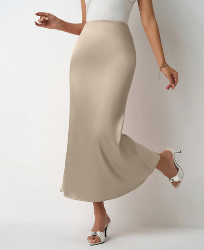 Ladies satin maxi skirt with elegant silhouette and high waistband Ivyshape