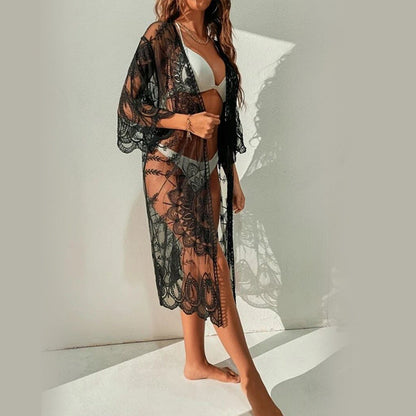 Women Transparent Crochet Beach Robe with Intricate Pattern Ivyshape