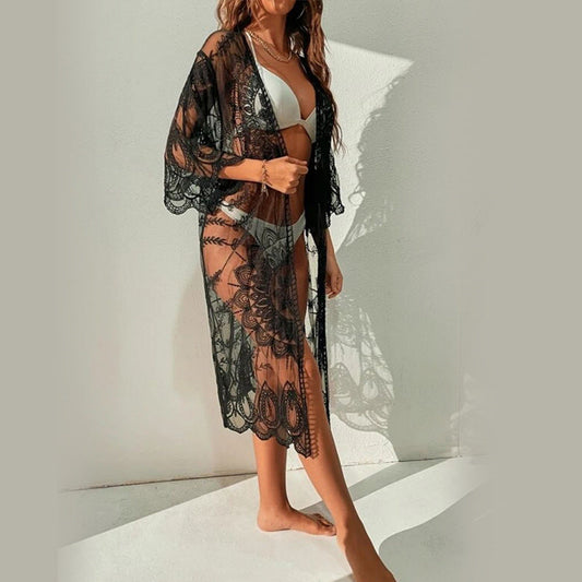 Women Transparent Crochet Beach Robe with Intricate Pattern Ivyshape