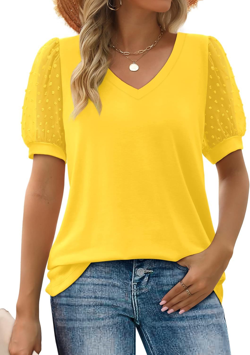 Women Elegant V-Neck Top with Transparent Puff Sleeves Ivyshape