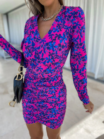Women fitted dress with ruffles and V-neck Ivyshape
