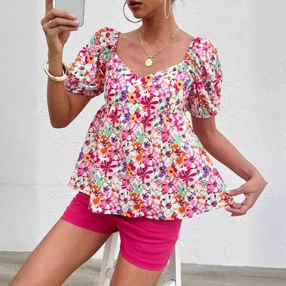 Women’s blouse top with puff sleeves and floral pattern Ivyshape