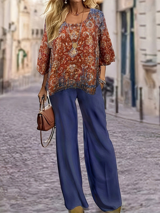 Women Bohemian Peacock Print Top and Wide Leg Pants Set Ivyshape