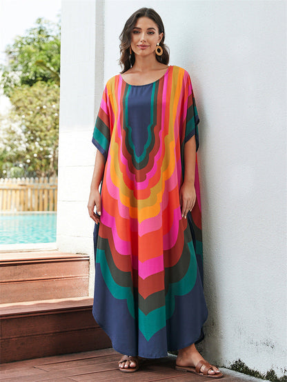 Women's trendy beach kaftan with colorful wave pattern and wide sleeves Ivyshape