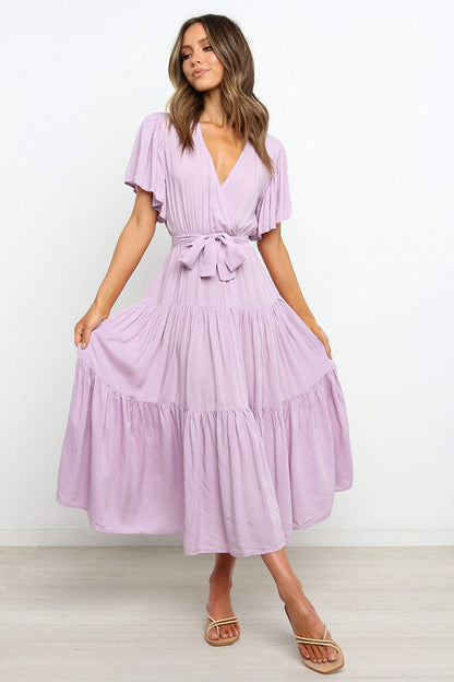 Women's Wrap Maxi Dress with Voluminous Sleeves and Ruffle Details Ivyshape