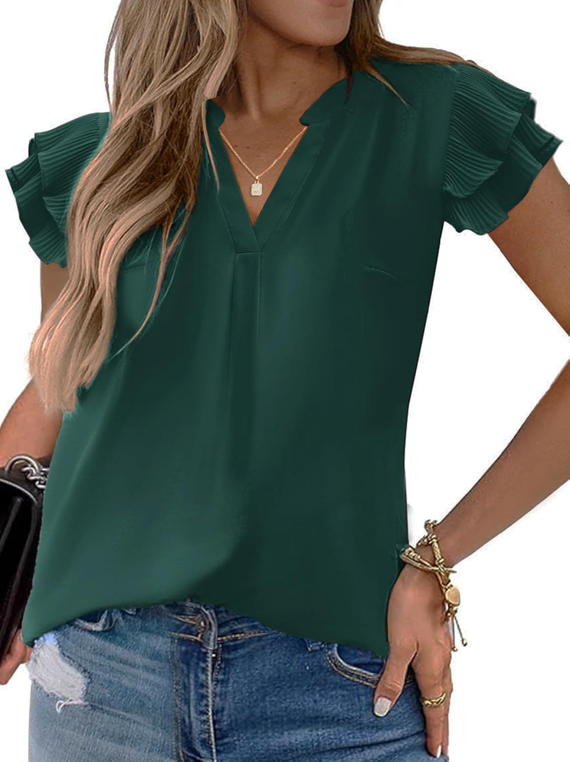 Women Lightweight Button-Front Flutter Sleeve Top Ivyshape