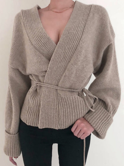 Ladies fashionable knit cardigan with tie belt and deep V-neck Ivyshape