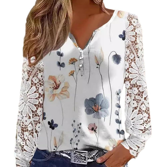 Ladies blouse with floral lace sleeve Ivyshape