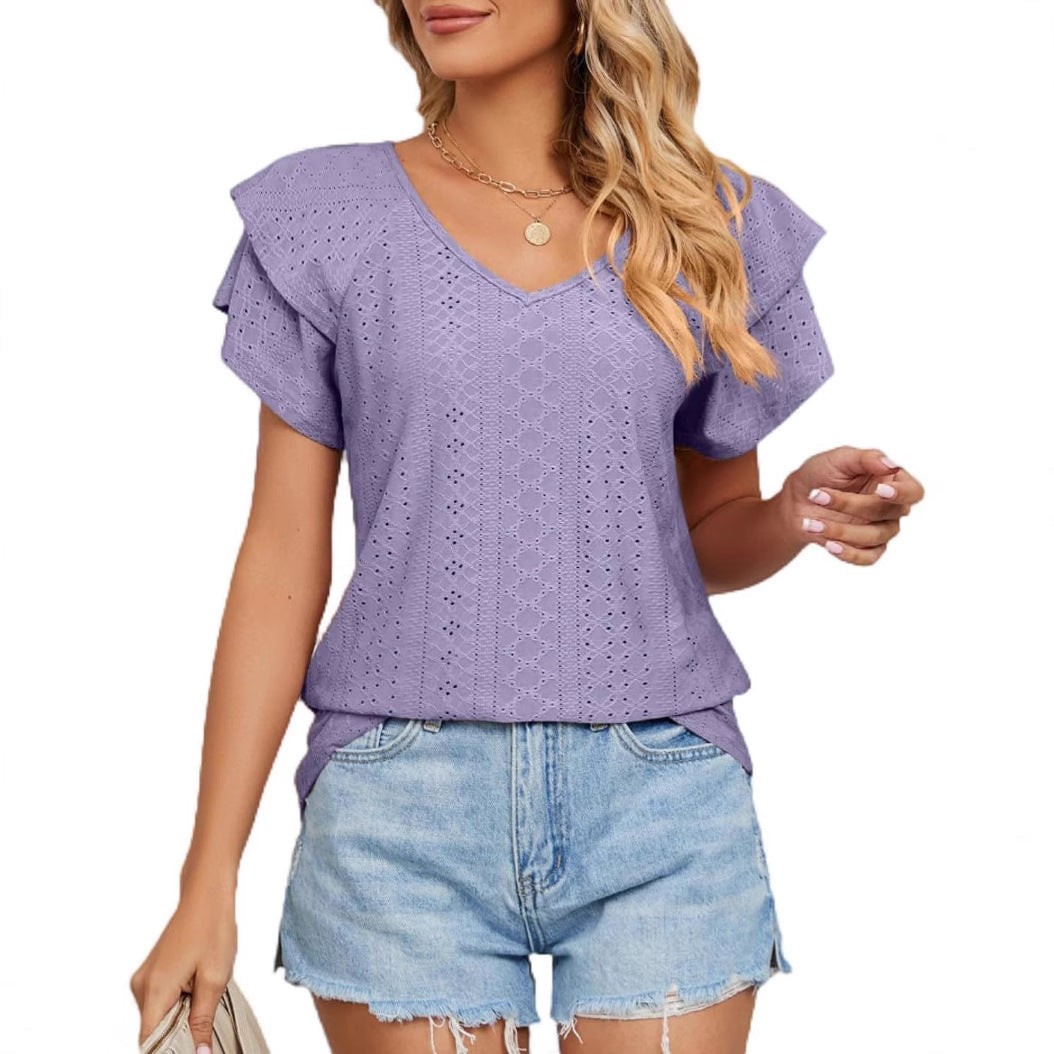 Women Broderie Anglaise V-Neck Top Ivyshape