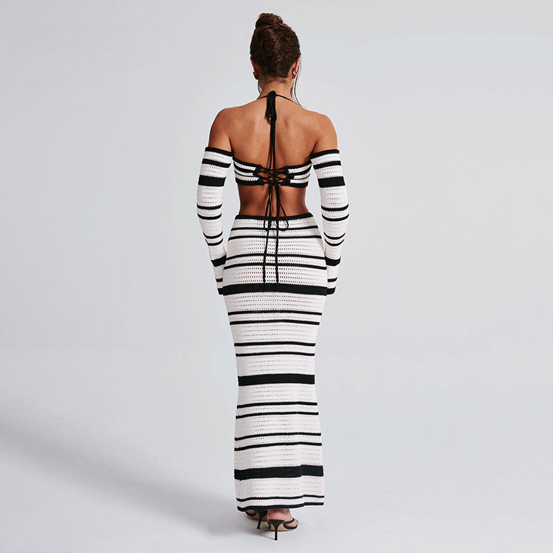 Ladies' knit maxi dress with removable straps and trendy halter top Ivyshape