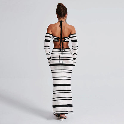 Ladies' knit maxi dress with removable straps and trendy halter top Ivyshape