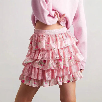 Ladies Ruffled Lace Flower Mini Skirt Ivyshape