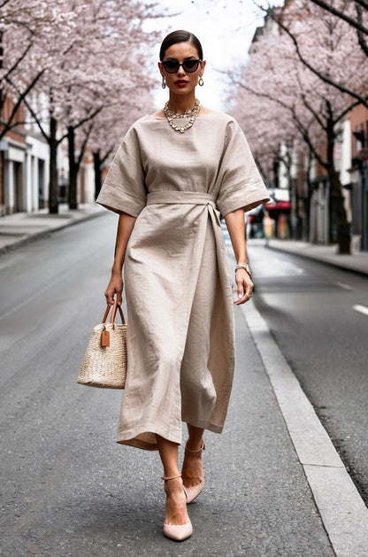 Ladies Elegant Wrap Dress with Wide Cut Sleeves and Fitted Design Ivyshape