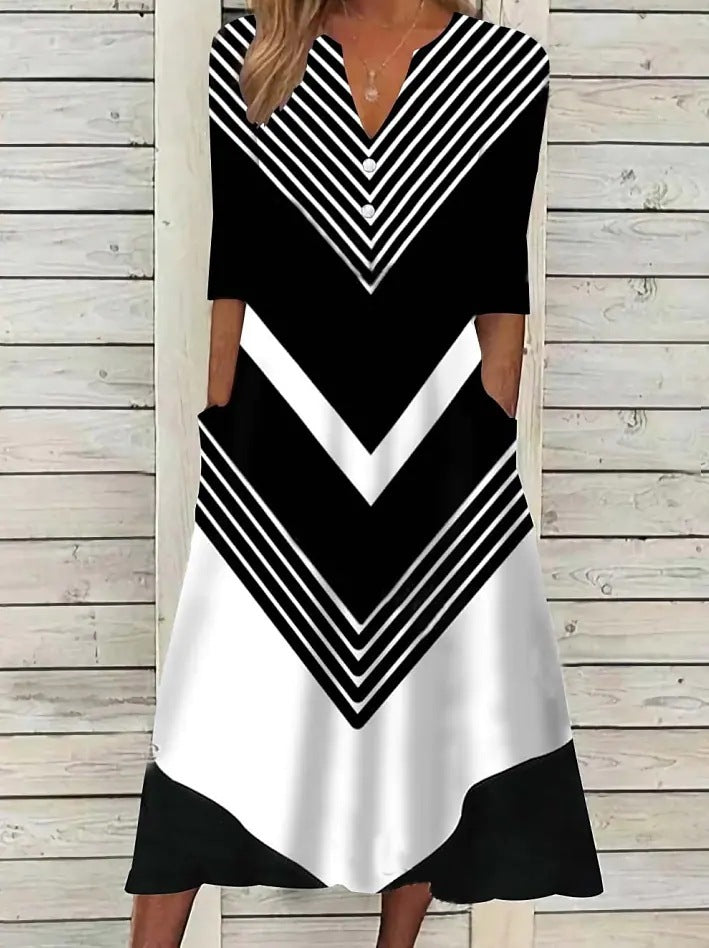 Women's trendy dress with V-neckline and striped pattern Ivyshape