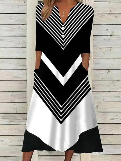 Women's trendy dress with V-neckline and striped pattern Ivyshape