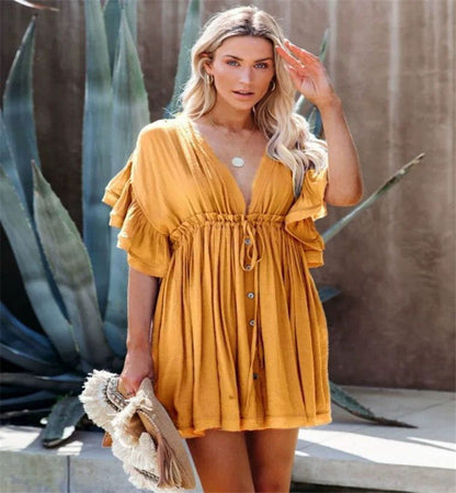 Women's Short Sleeve Beach Dress with Deep V-Neck and Button Details Ivyshape