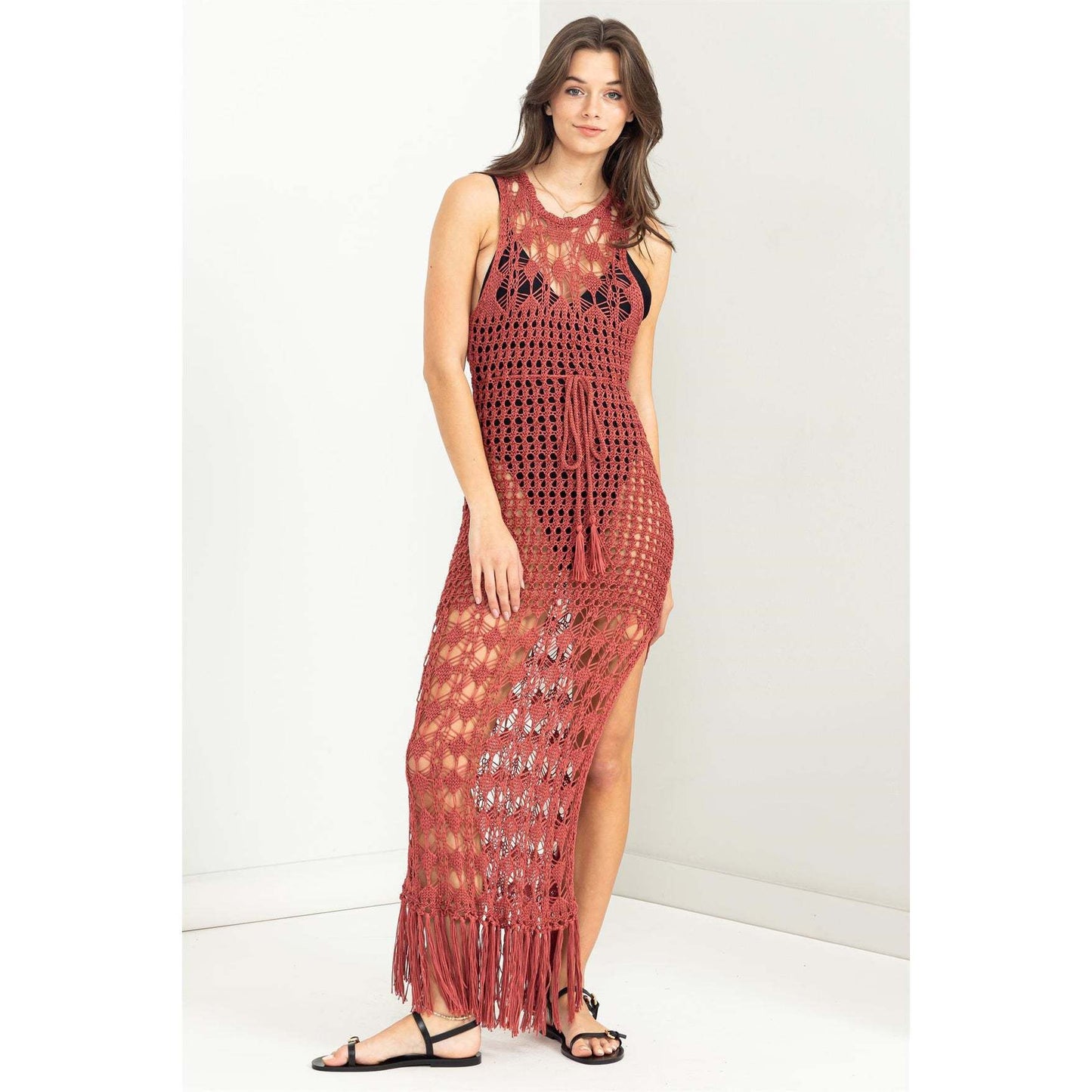 Women's Crochet Beach Cover-Up with Elegant Fringes and Sexy Cut Ivyshape