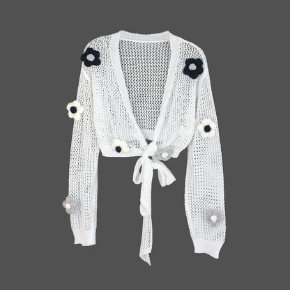 Ladies airy knitted cardigan with floral design and tied hem Ivyshape