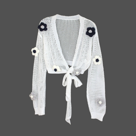 Ladies airy knitted cardigan with floral design and tied hem Ivyshape