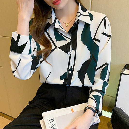 Ladies Fashion Blouse with Geometric Pattern and Elegant Button Placket Ivyshape