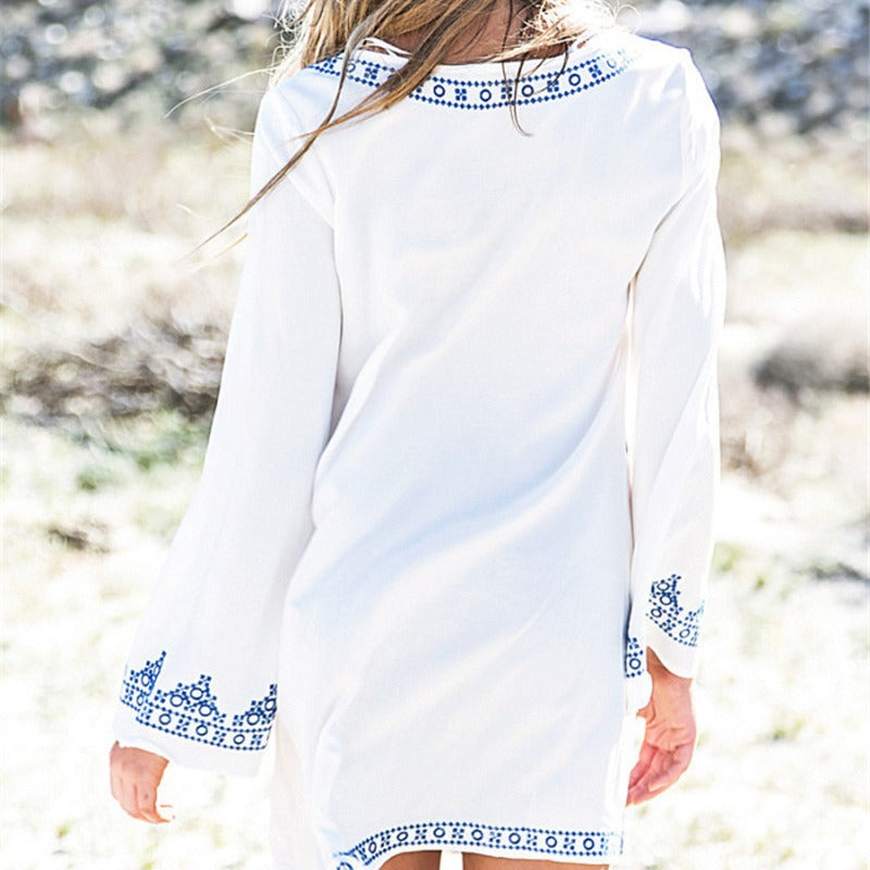 Women's casual dress with elegant V-neckline and handmade embroidery details Ivyshape