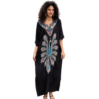 Women's versatile maxi dress with artistic peacock motif Ivyshape