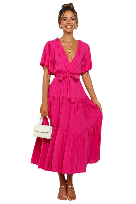 Women's Wrap Maxi Dress with Voluminous Sleeves and Ruffle Details Ivyshape
