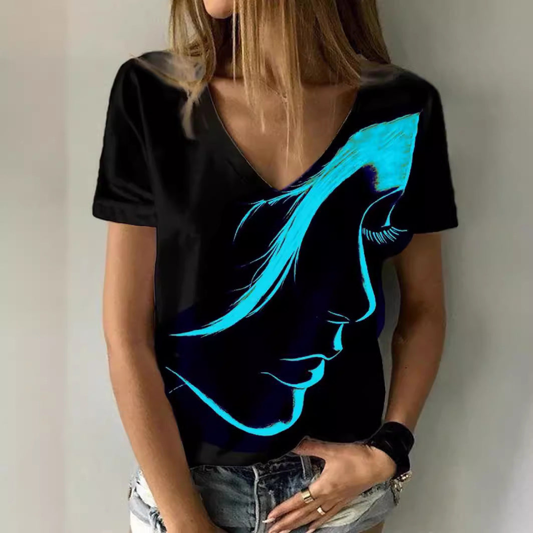 Women Artificial V-Neck Graphic T-Shirt Ivyshape