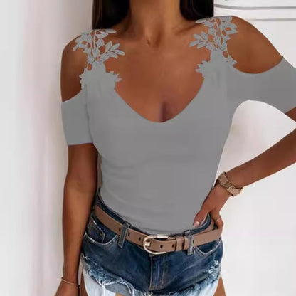 Ladies Cold Shoulder Floral Embellished V-Neck Top Ivyshape