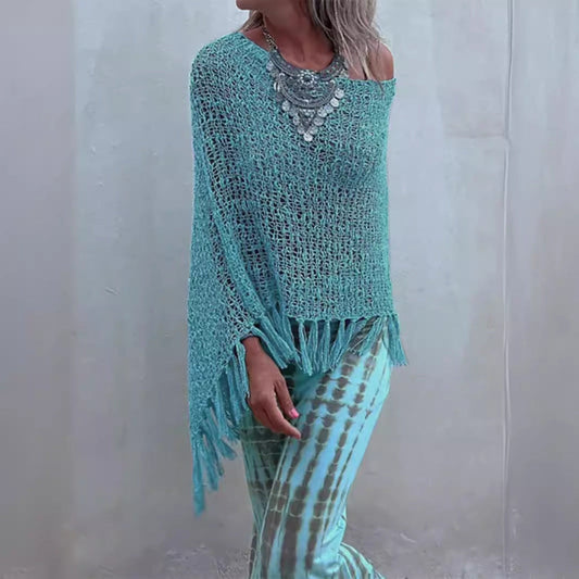 Ladies airy crochet poncho with fringe design Ivyshape