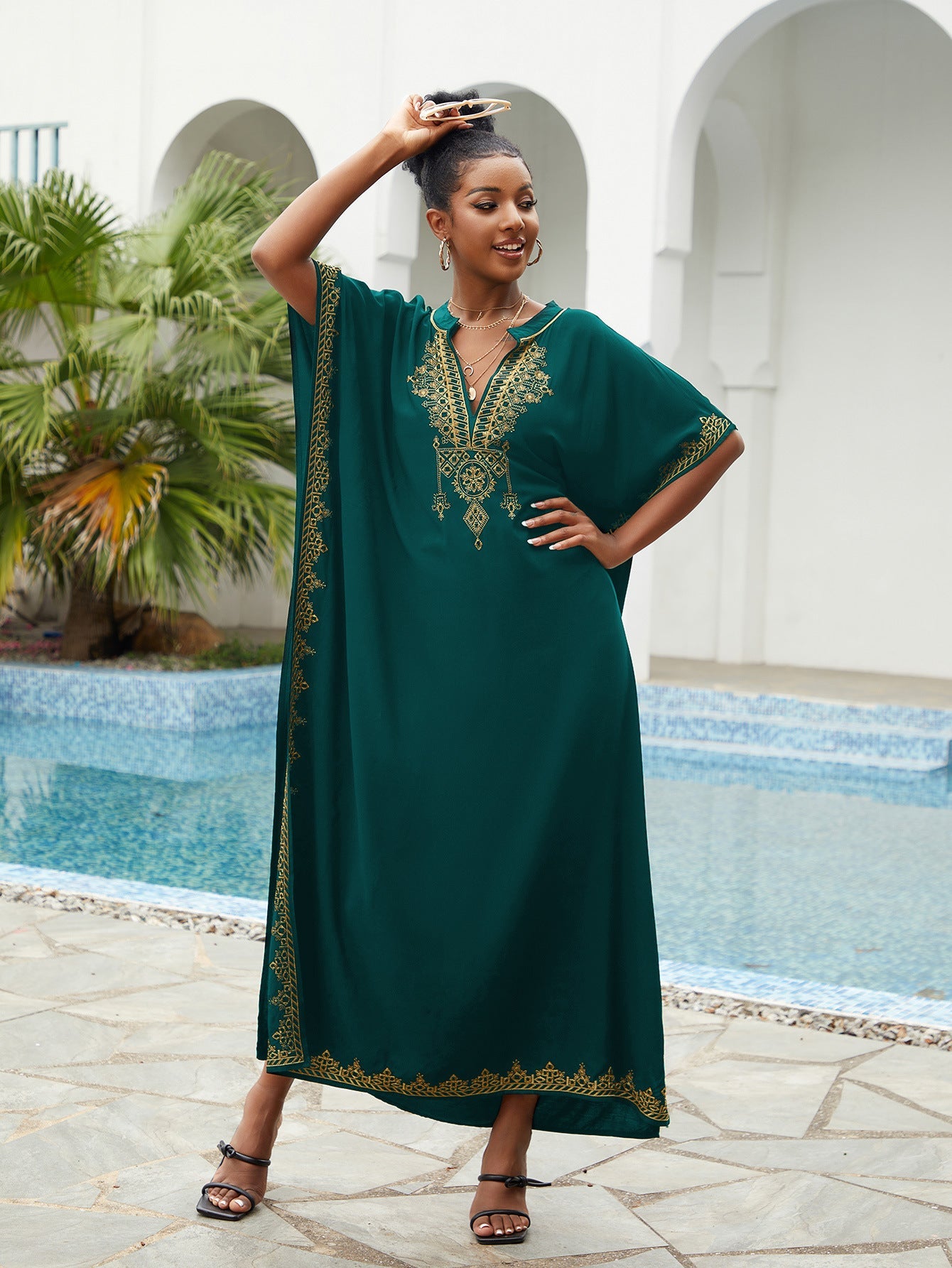 Women's long kaftan dress with luxurious embroidered trim Ivyshape