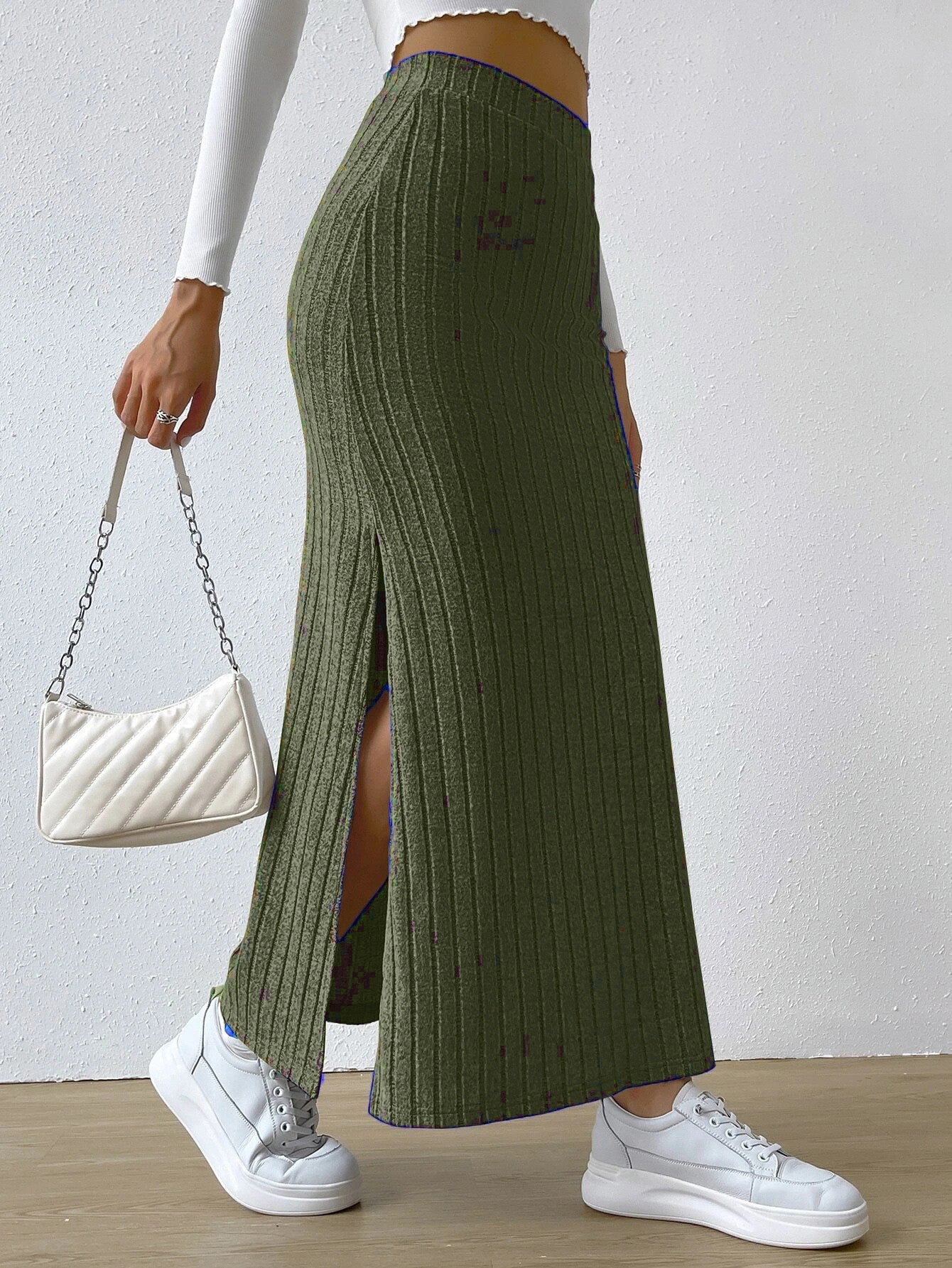 Women's Long Ribbed Knit Skirt with Side Split and Elastic Waistband Ivyshape