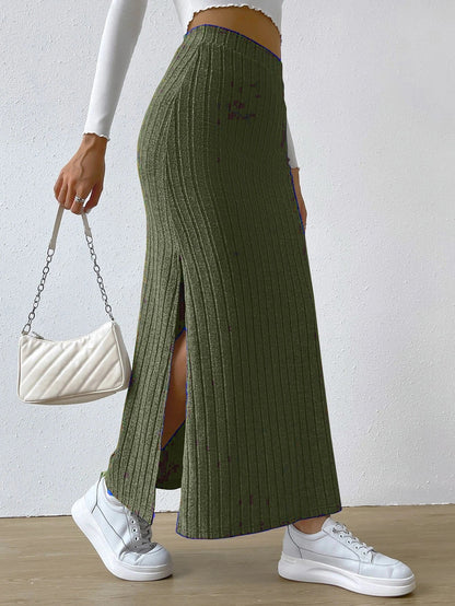 Women's Long Ribbed Knit Skirt with Side Split and Elastic Waistband Ivyshape