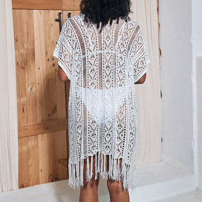Women's crochet beach cover-up with fringed details and delicate pattern Ivyshape