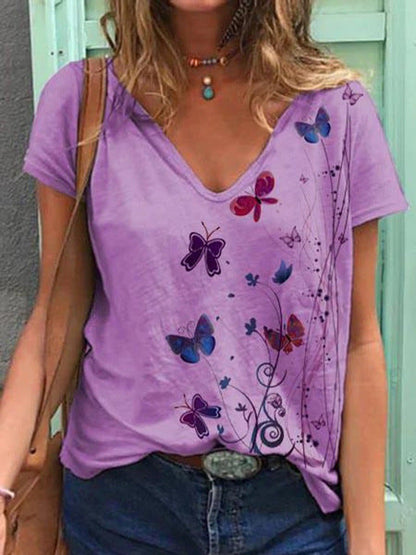 Women V-neck Butterfly Print T-shirt Ivyshape