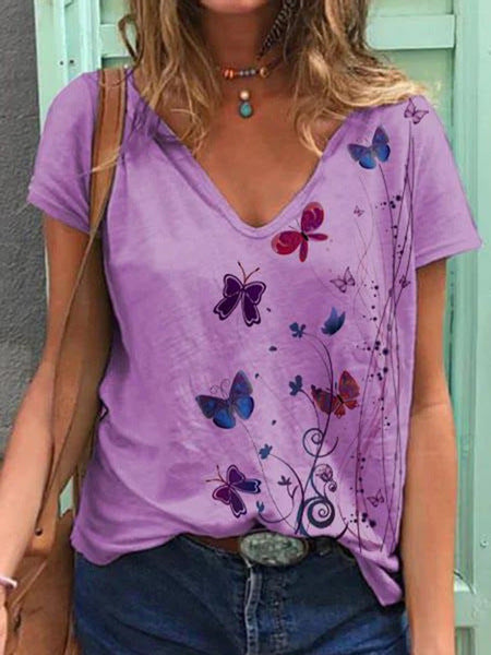 Women V-neck Butterfly Print T-shirt Ivyshape