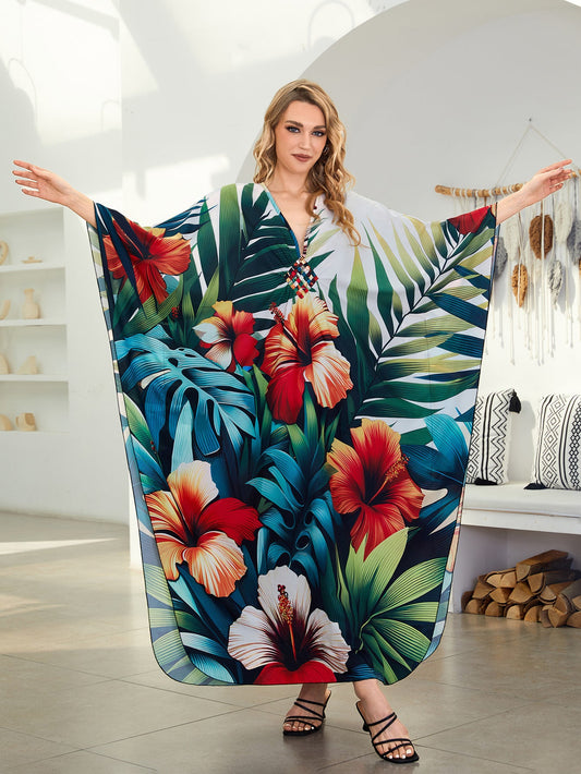 Women's beach kaftan with floral design and airy cut Ivyshape