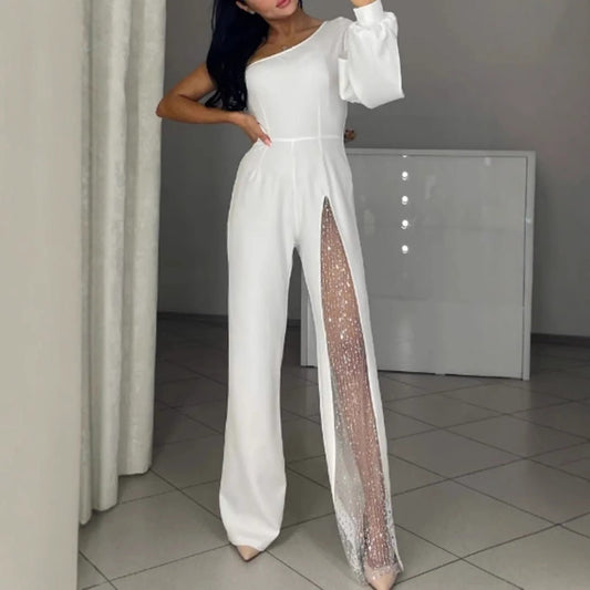 Asymmetrical one-sided women's jumpsuit with sequin panel Ivyshape