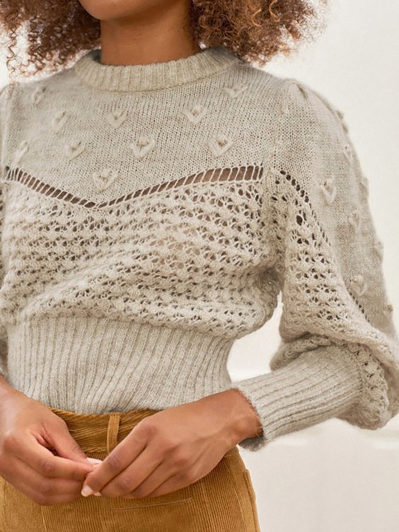 Women's knit pullover with detail-loving hole pattern and puff sleeves Ivyshape