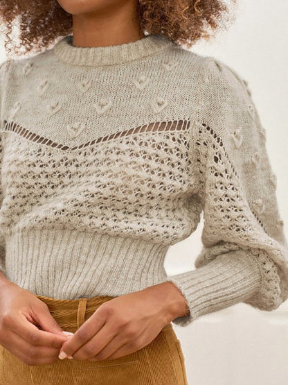 Women's knit pullover with detail-loving hole pattern and puff sleeves Ivyshape
