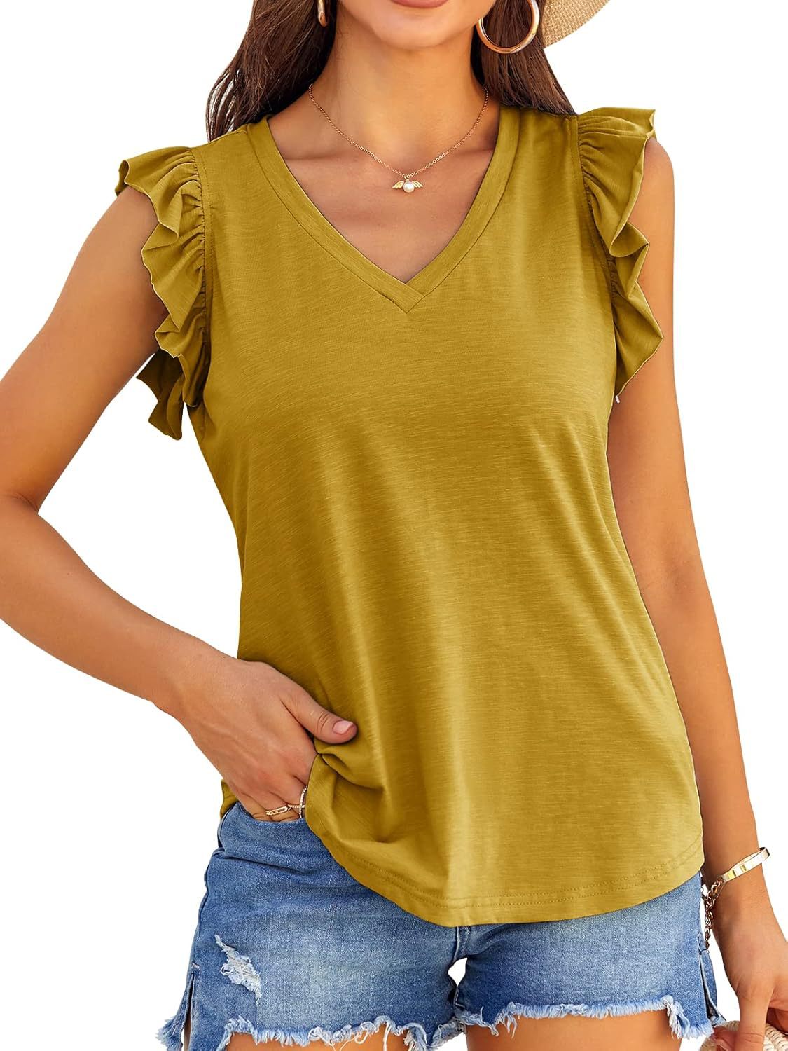 Women V-neck Ruffle Sleeve Top Ivyshape