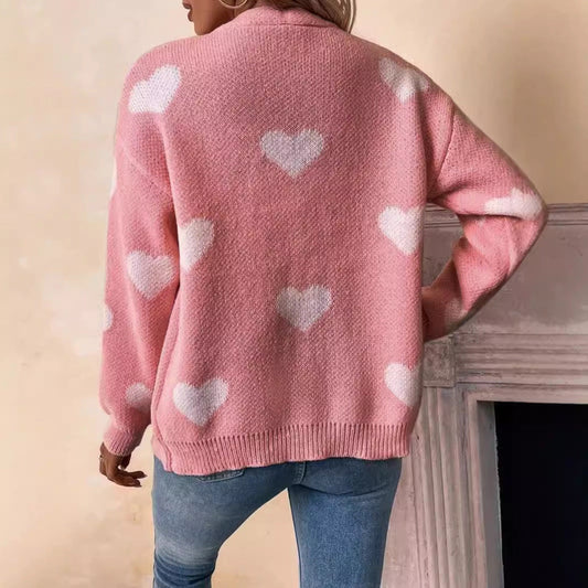 Ladies knitted cardigan with heart pattern and button placket Ivyshape