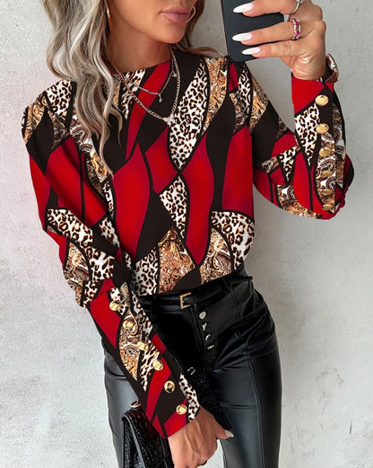 Ladies Fashionable Blouse with Unique Pattern and Golden Buttons Ivyshape